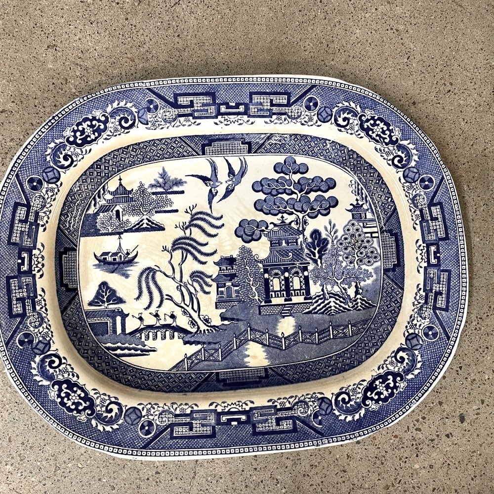 Vintage Ridgeway & Co England stamped blue Willow chinoiserie Platter serving